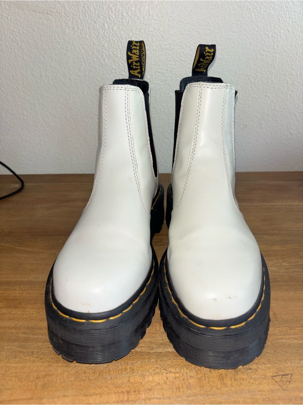 Dr. Martens White Leather Chelsea Platform Boots with Black Sole